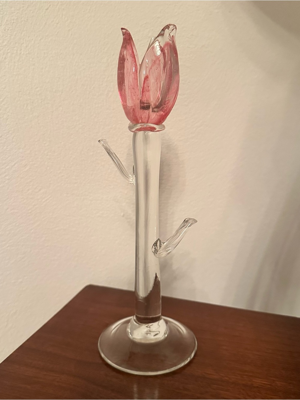 Vintage Blown Art Glass Candlestick Holder Tulip Flower Pink Clear